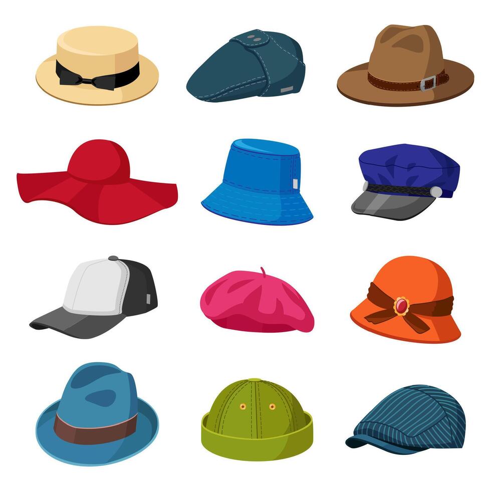 copricapo cappelli. uomini e donne elegante copricapo, moderno e retrò berretti, elegante cappelli e berretti, moda Accessori vettore illustrazione icone impostato