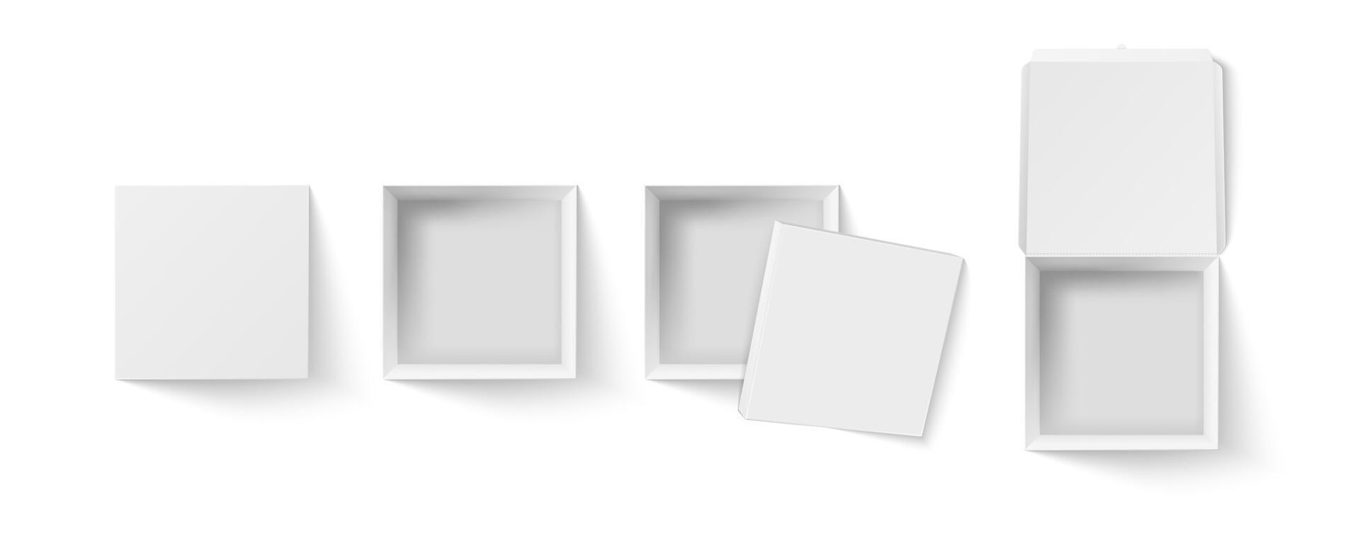 piazza scatola superiore Visualizza modello. vuoto pacchetto, bianca carta regalo scatole e Pizza confezione realistico 3d vettore illustrazione impostare. Aperto e chiuso pacco contenitori, scatola di cartone imballaggi clipart collezione