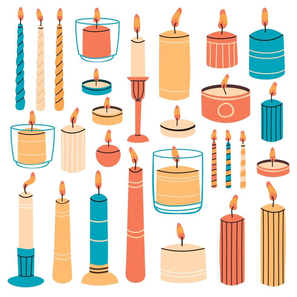 ardente candele. cera aromatico candele nel candelieri, titolari e bicchiere. carino mano disegnato hygge interno decorazioni vettore illustrazione impostato