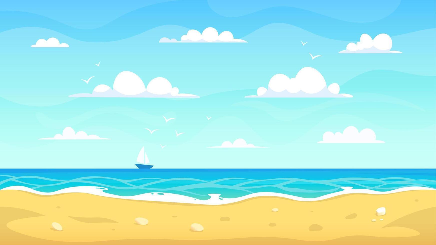 cartone animato spiaggia paesaggio. estate oceano sabbioso riva del mare, vacanza tropicale Visualizza, mare natura Paradiso paesaggio vettore sfondo illustrazione