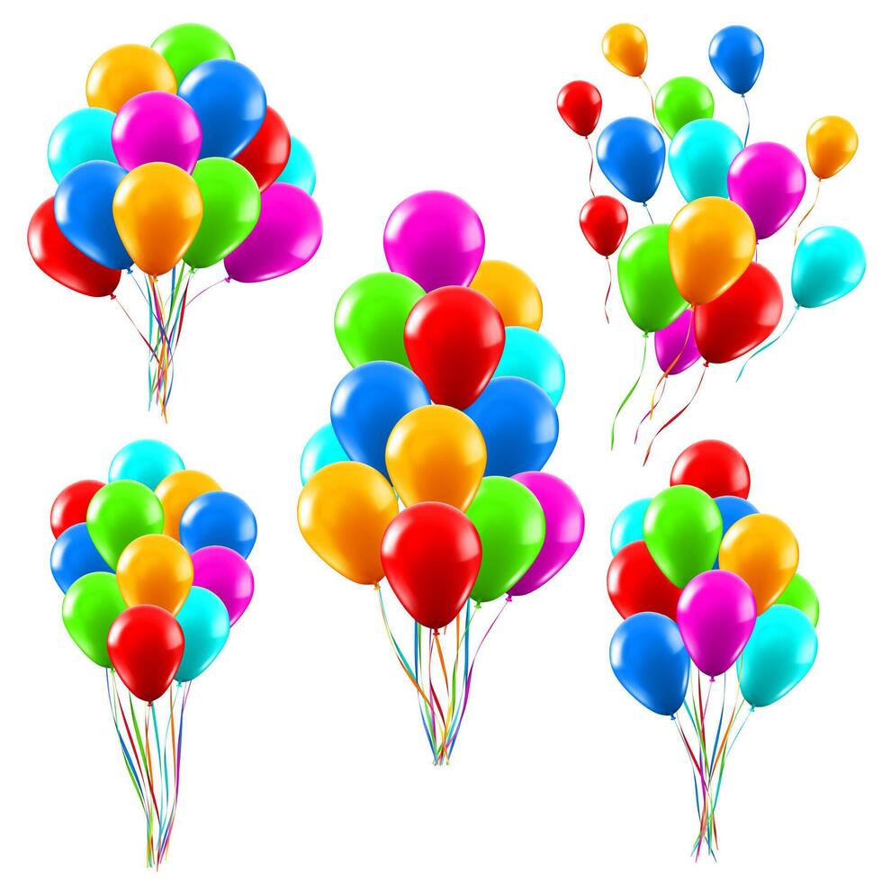 colorato realistico palloncini. lucido verde, rosso e blu elio palloncini grappoli, compleanno festa celebrazione decorazioni vettore illustrazione impostato