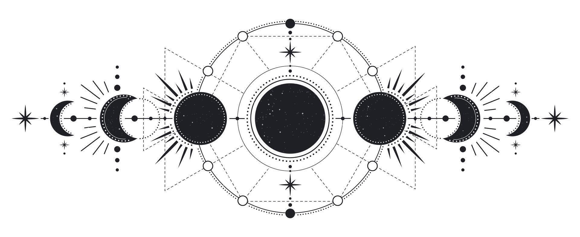 Luna fasi. misterioso chiaro di luna attività stadi, mano disegnato sacro geometria Luna, Magia astrologia simboli, fasi di Luna vettore illustrazione