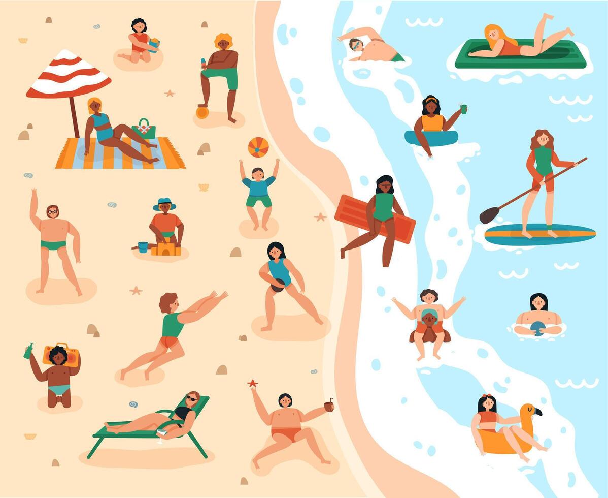 spiaggia estate attività. sabbia spiaggia estate, costa mare vacanza attività, nuoto e prendere il sole personaggi vettore illustrazione impostato