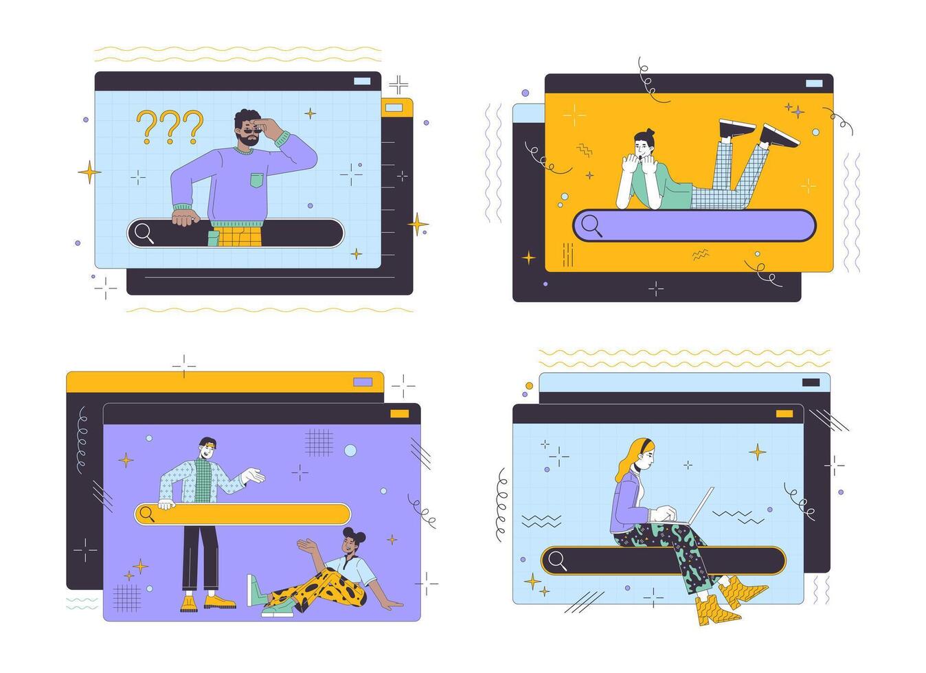 ricerca informazione in linea 2d lineare illustrazione concetto impostare. Internet utenti cartone animato personaggi isolato su bianca collezione. informazione navigazione metafora astratto piatto vettore schema grafico