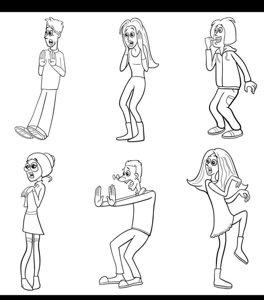 cartone animato sorpreso o impaurito comico personaggi impostato colorazione pagina vettore