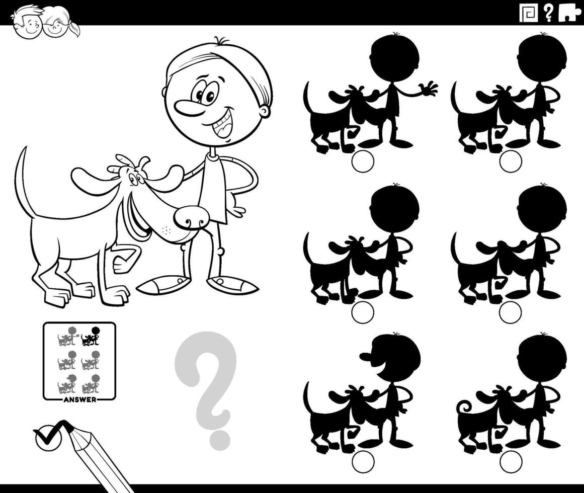 ombra attività con cartone animato ragazzo e il suo cane colorazione pagina vettore