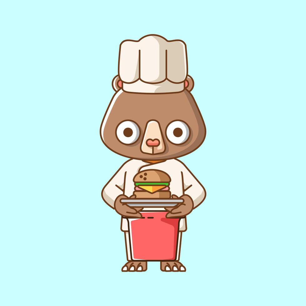 carino orso capocuoco cucinare servire cibo animale chibi personaggio portafortuna icona piatto linea arte stile illustrazione concetto cartone animato vettore