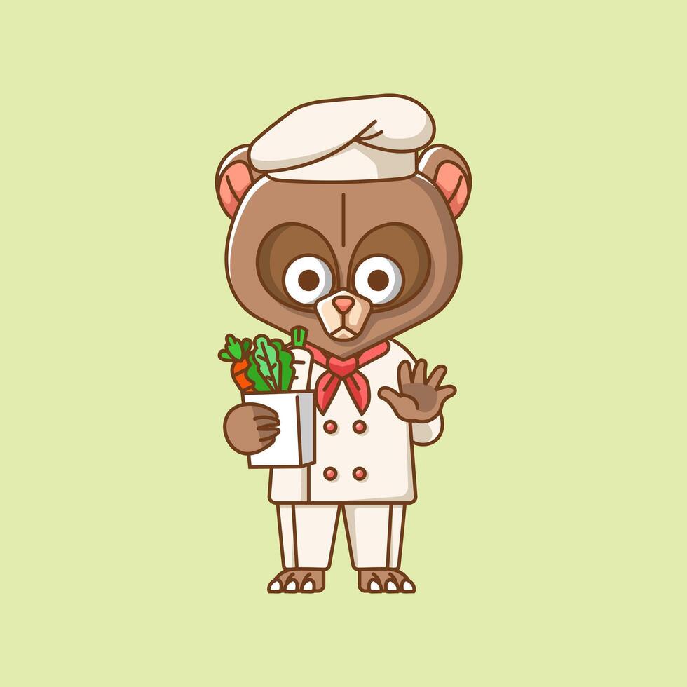 carino orso capocuoco cucinare servire cibo animale chibi personaggio portafortuna icona piatto linea arte stile illustrazione concetto cartone animato vettore