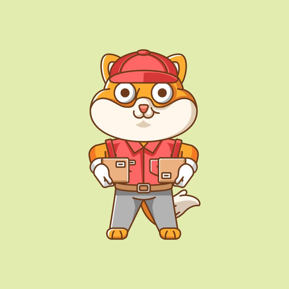 carino shiba inu cane Corriere pacchetto consegna animale chibi personaggio portafortuna icona piatto linea arte stile illustrazione concetto cartone animato vettore