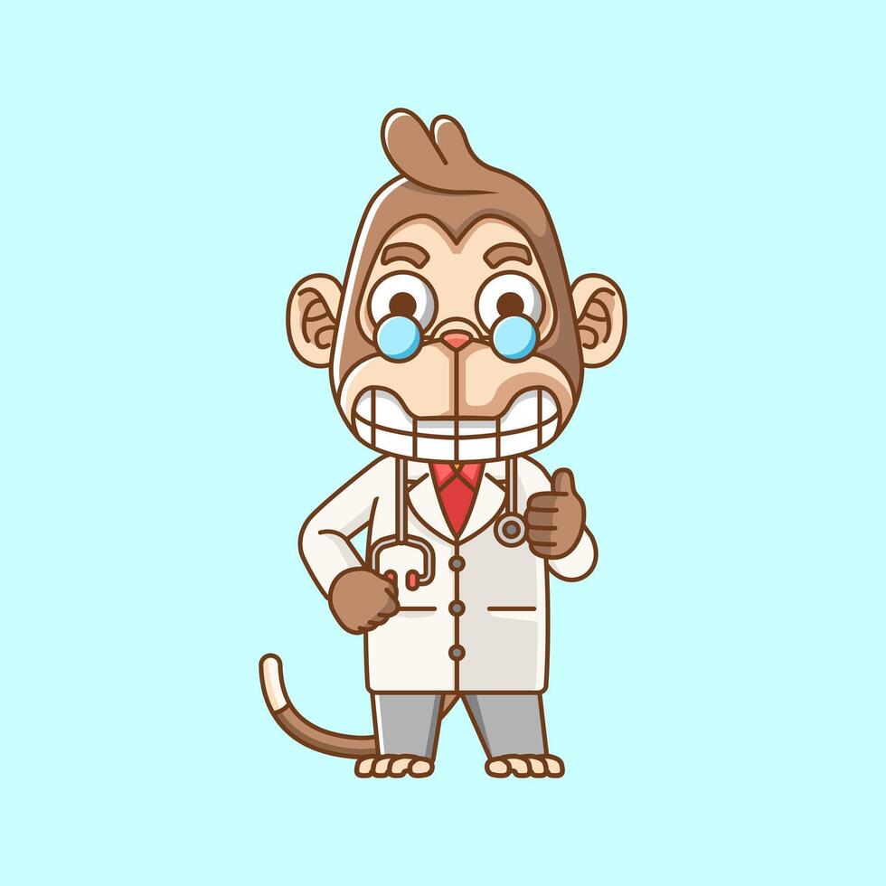 carino scimmia medico medico personale chibi personaggio portafortuna icona piatto linea arte stile illustrazione concetto cartone animato vettore