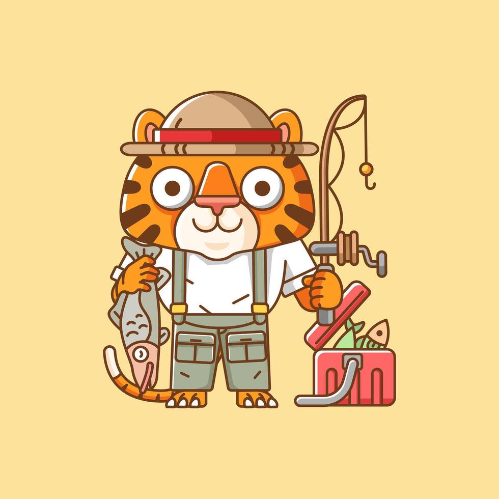 carino tigre pescatore pesca animale chibi personaggio portafortuna icona piatto linea arte stile illustrazione concetto cartone animato vettore