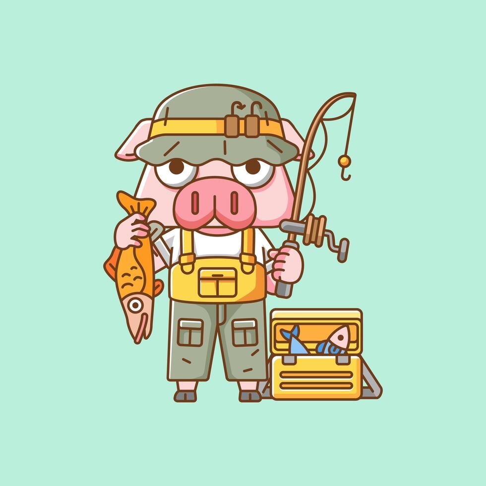 carino maiale pescatore pesca animale chibi personaggio portafortuna icona piatto linea arte stile illustrazione concetto cartone animato vettore