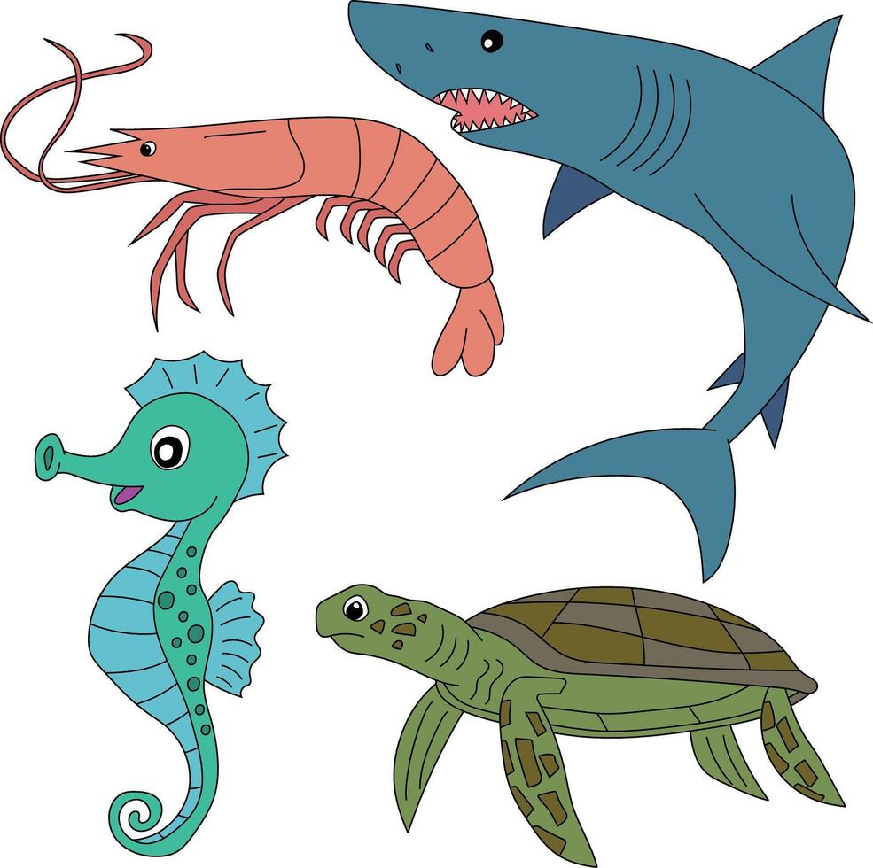 acquatico animali clipart impostare. gamberetto , squalo, cavalluccio marino, mare tartaruga vettore