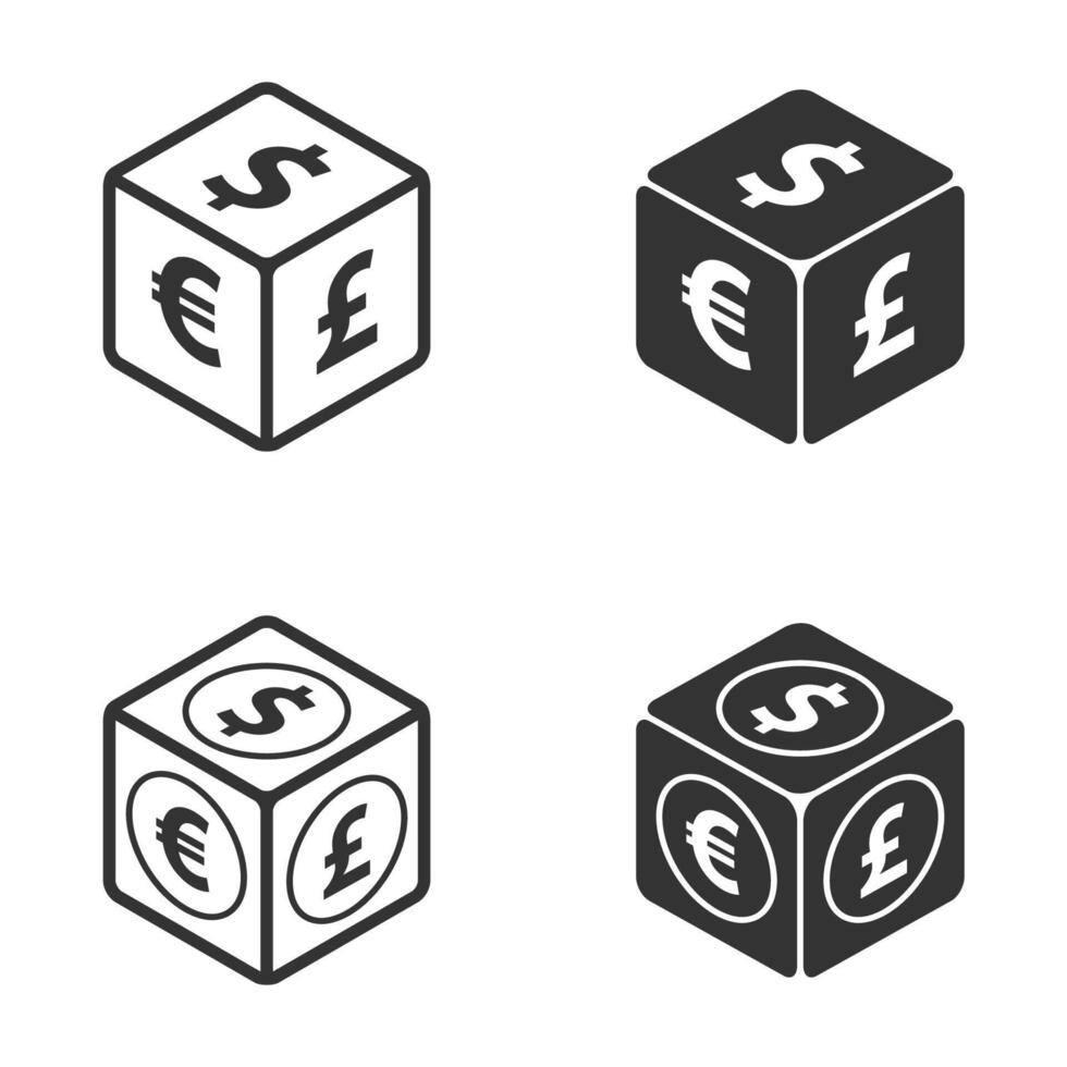 cubo e i soldi simboli. dollaro, Euro, e libbra icone su 3d cubo. vettore illustrazione.