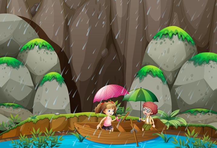 Ragazzo e ragazza barca a remi in giornata di pioggia vettore