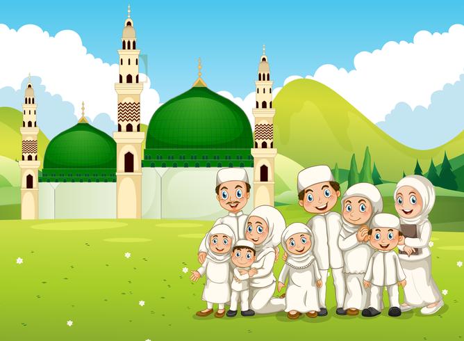 Una grande famiglia musulmana di fronte alla moschea vettore