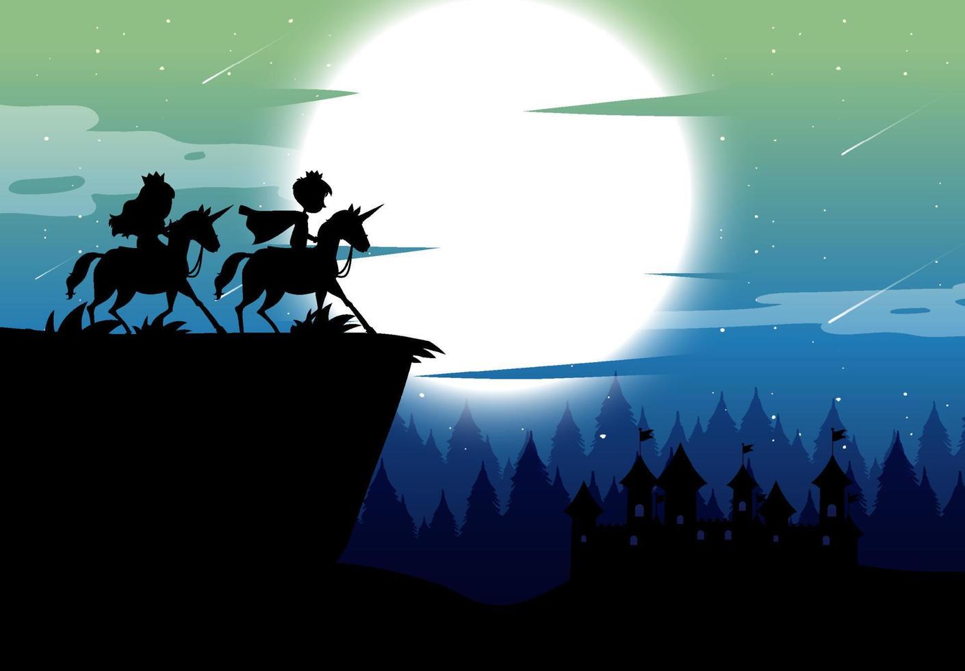 silhouette principe e principessa con sfondo di luna piena vettore
