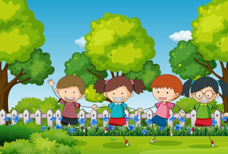 Scena con quattro bambini nel parco vettore