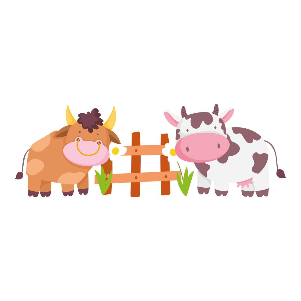 animali da fattoria toro e mucca staccionata in legno fiori cartone animato vettore