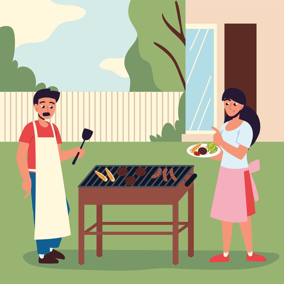 coppia che prepara cibo per barbecue vettore