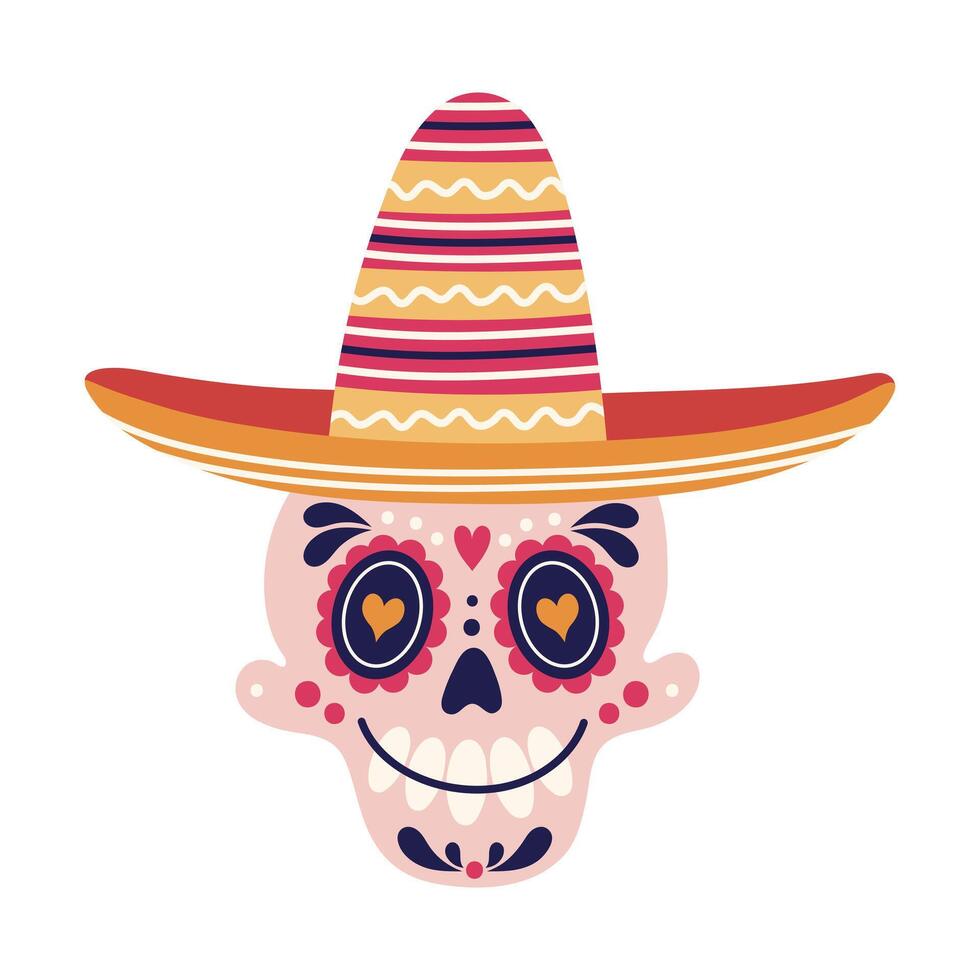 messicano zucchero cranio vettore illustrazione. umano testa con un' dipinto ornamento, indossare un' sombrero cappello. sorridente viso, divertente maschera per cinco de maionese, giorno di il morto. pauroso osso, isolato colorato scarabocchio