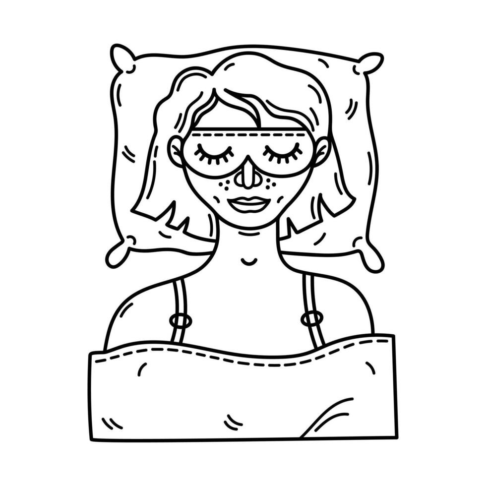 addormentato ragazza vettore illustrazione. un' carino sorridente persona con un' dormire maschera e pigiama, bugie su un' cuscino coperto con un' lenzuolo. notte riposo, napping nel un' letto. mano disegnato scarabocchio, nero e bianca schizzo