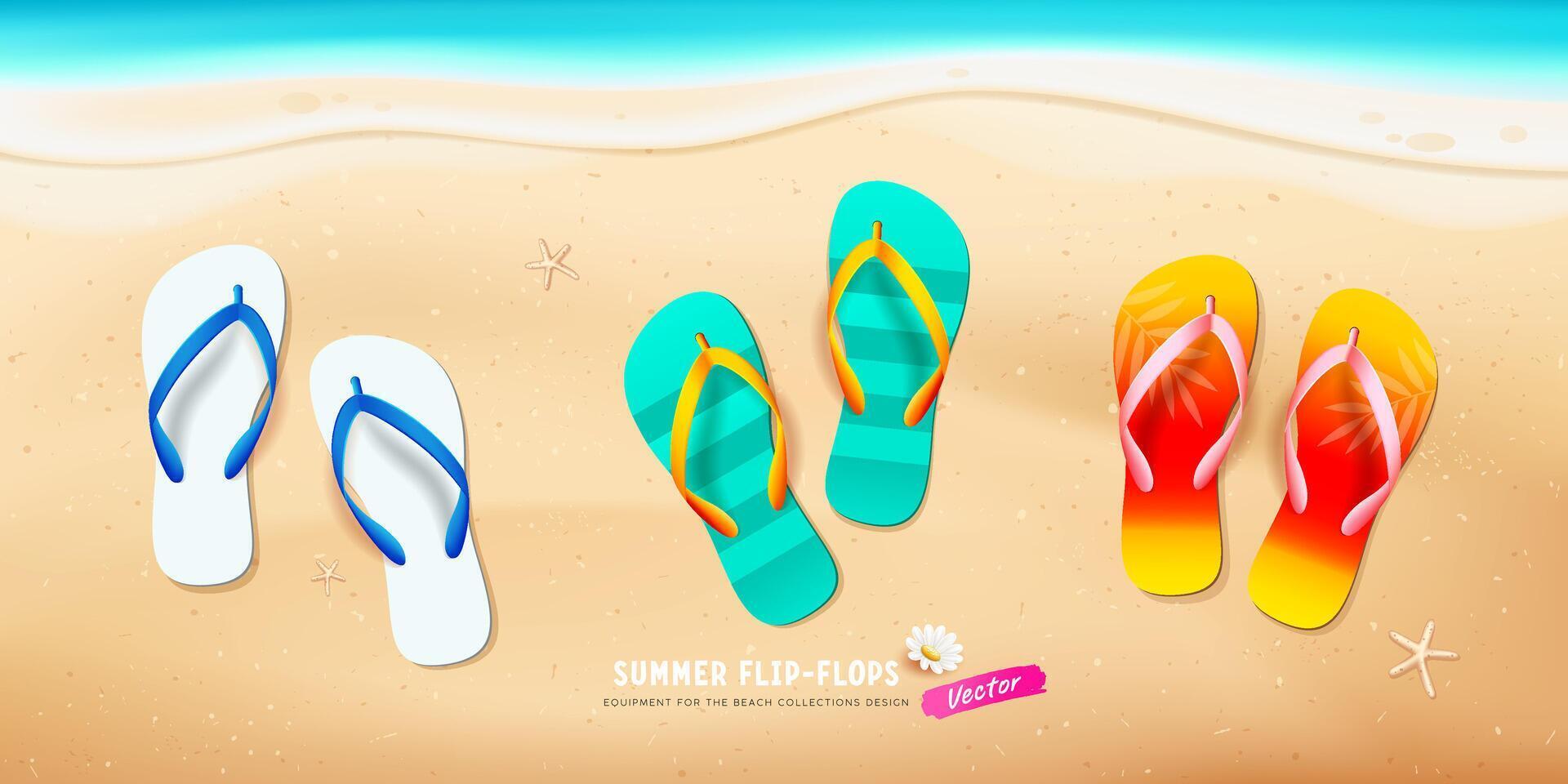 estate Flip flop colorato collezione, stella marina su sabbia spiaggia design sfondo, eps 10 vettore illustrazione