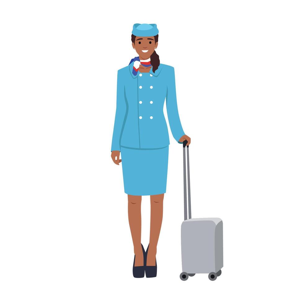 giovane hostess donna con valigia. giovane amichevole aria hostess nel rosso uniforme vettore