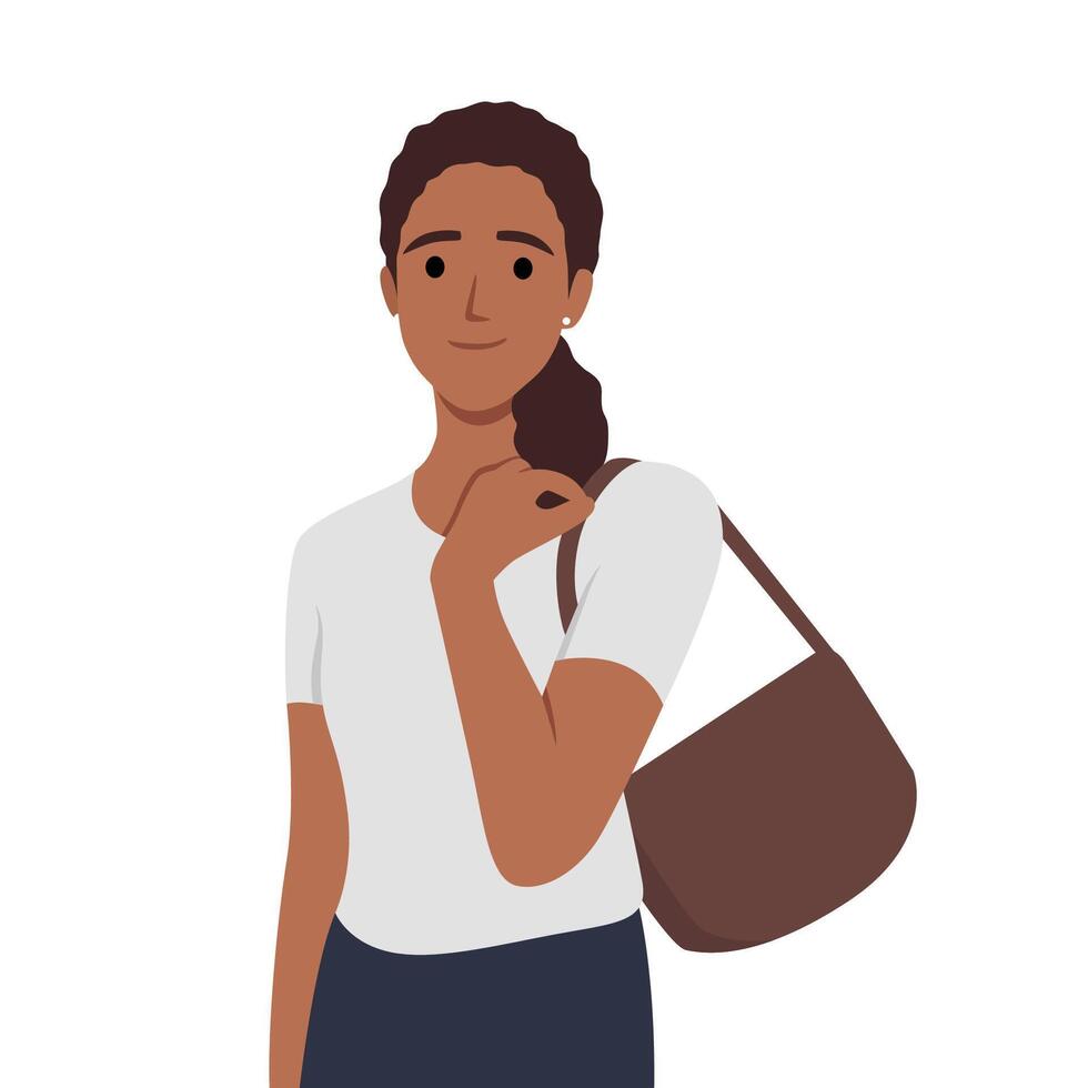 moda illustrazione di un' Bellissima, giovane, contento donna nel casuale camicia con Borsa borsa. un' moda modello vettore
