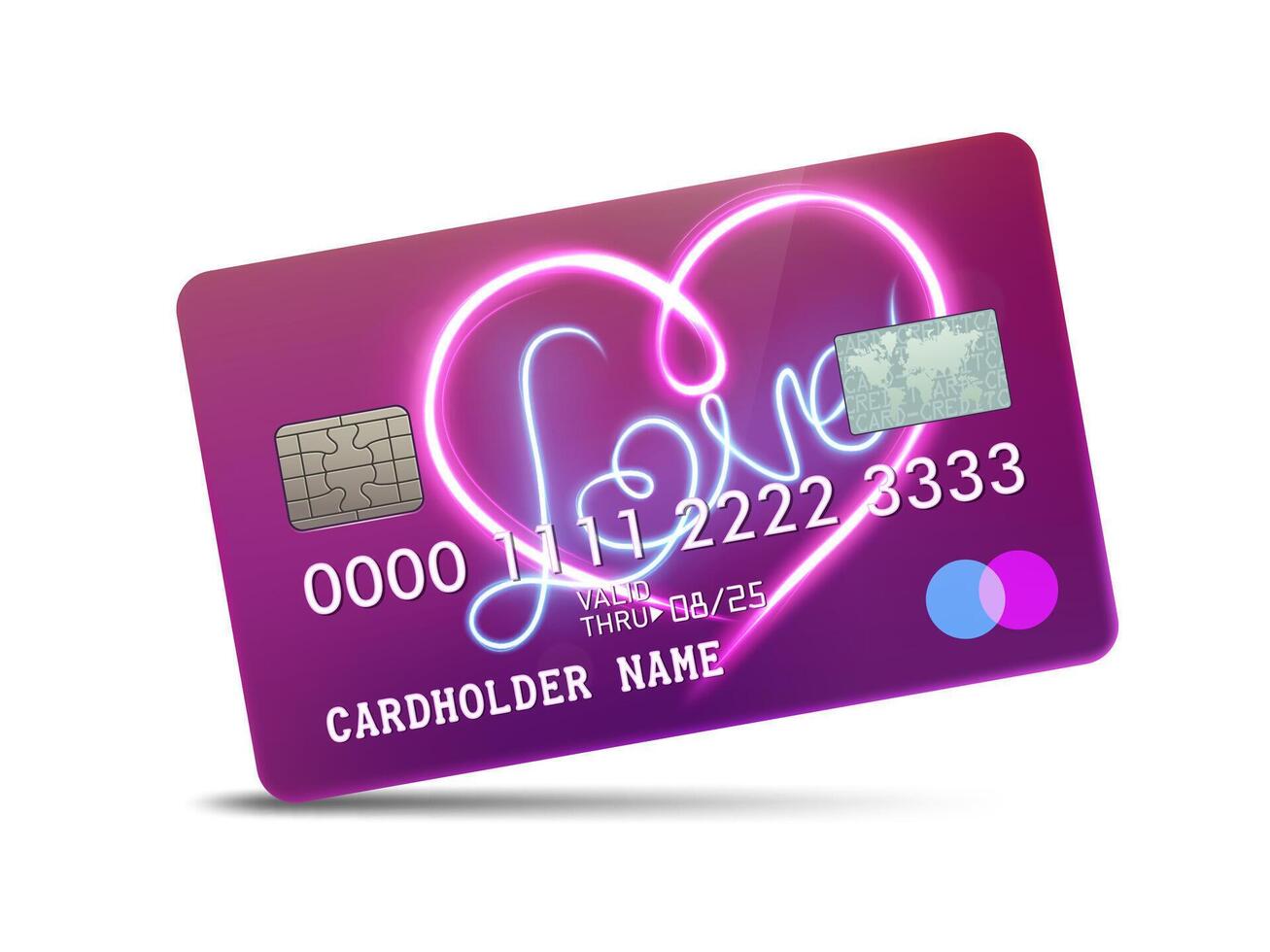 dettagliato lucido platino credito carta con amore neon leggero decorazione, isolato su bianca sfondo, vettore illustrazione