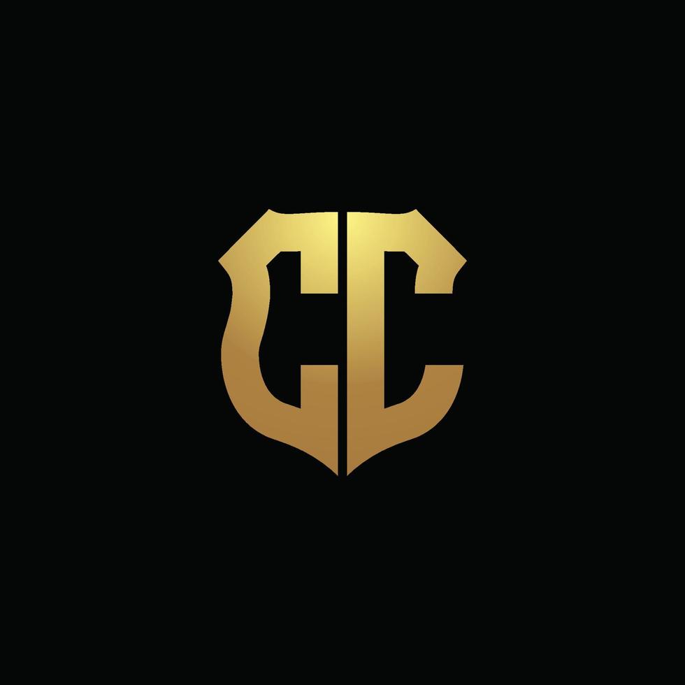 cc logo monogramma con colori dorati e modello di design a forma di scudo vettore