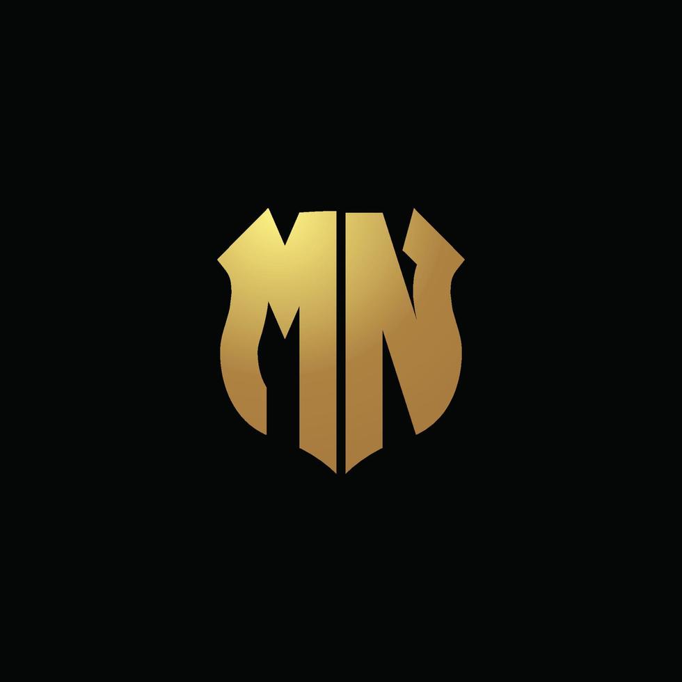 mn logo monogramma con colori dorati e modello di design a forma di scudo vettore