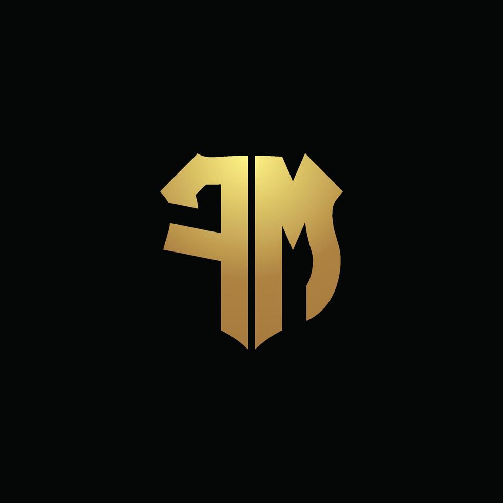 monogramma logo fm con colori dorati e modello di design a forma di scudo vettore