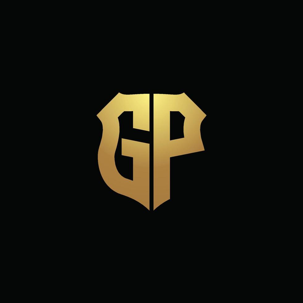 monogramma logo gp con colori dorati e modello di design a forma di scudo vettore