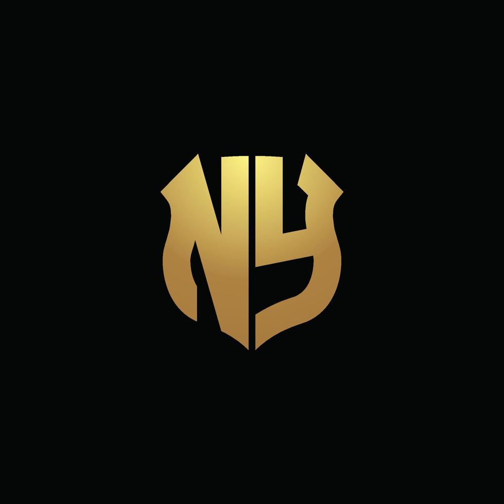 ny logo monogramma con colori dorati e modello di design a forma di scudo vettore