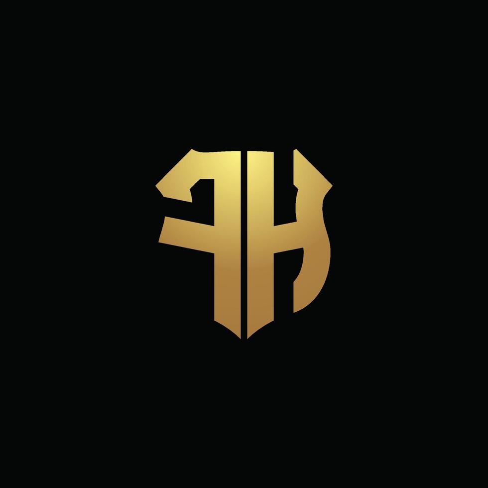 fh logo monogramma con colori dorati e modello di design a forma di scudo vettore