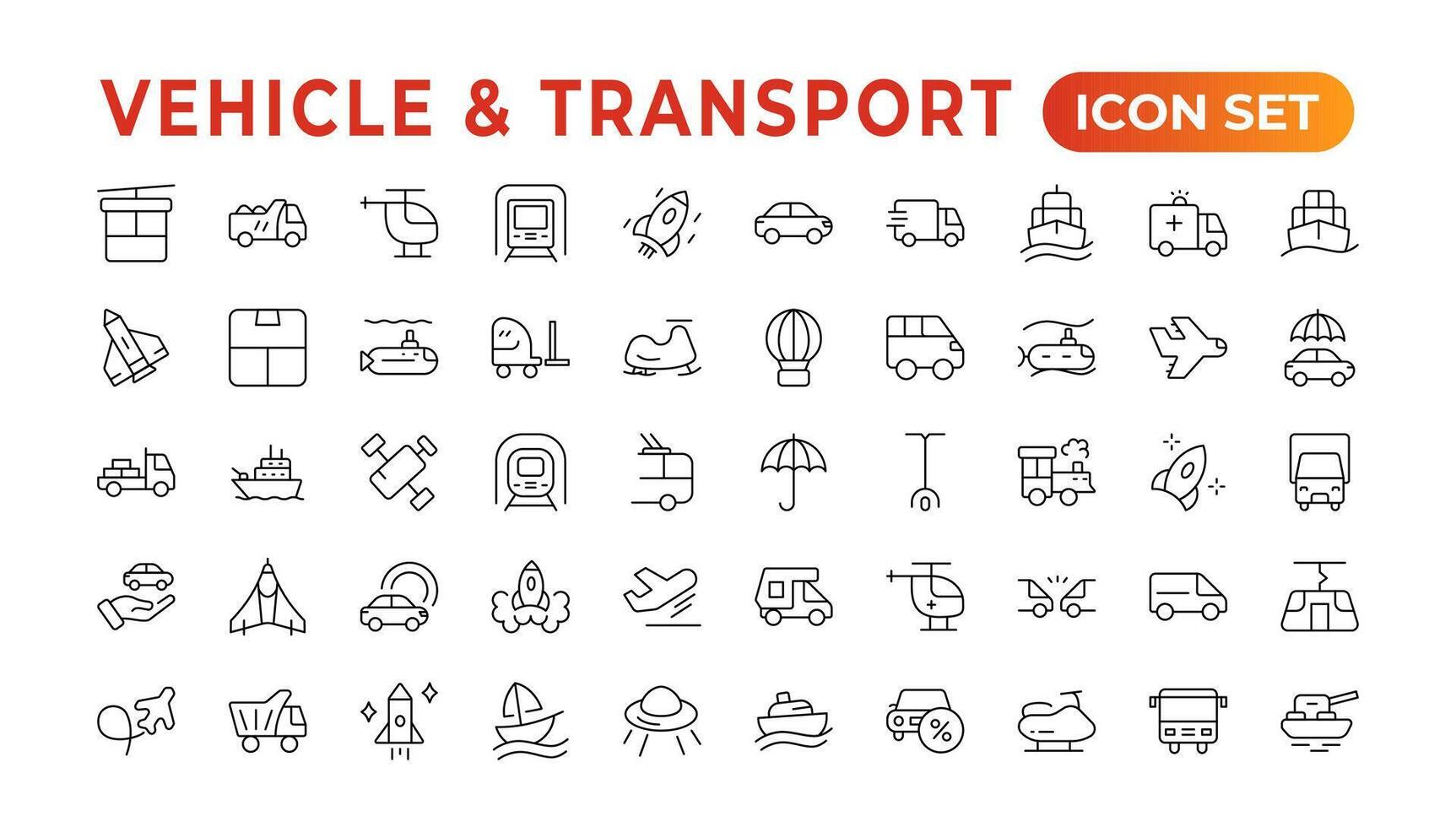 trasporto, veicolo, e consegna elementi - minimo linea sottile ragnatela icona impostare. schema icone collezione. auto, bicicletta, scooter, bulldozer, autobus, cavo, macchina, elicottero. vettore