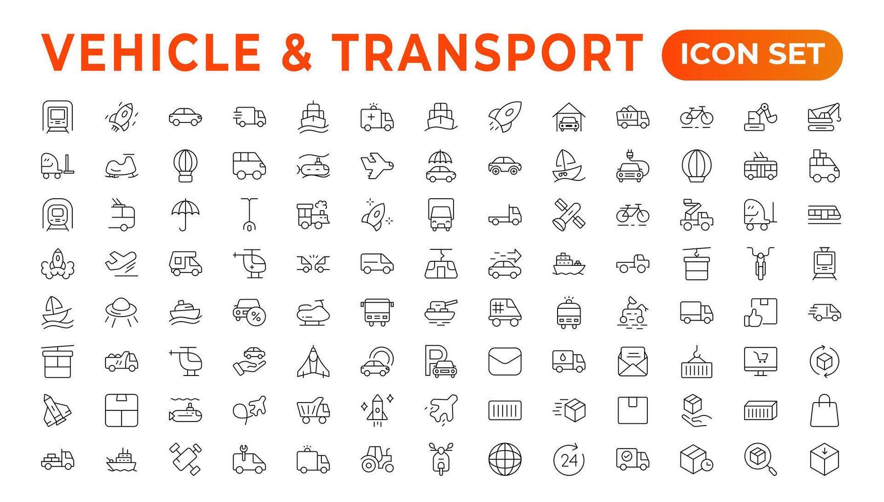 trasporto, veicolo, e consegna elementi - minimo linea sottile ragnatela icona impostare. schema icone collezione. auto, bicicletta, scooter, bulldozer, autobus, cavo, macchina, elicottero. vettore