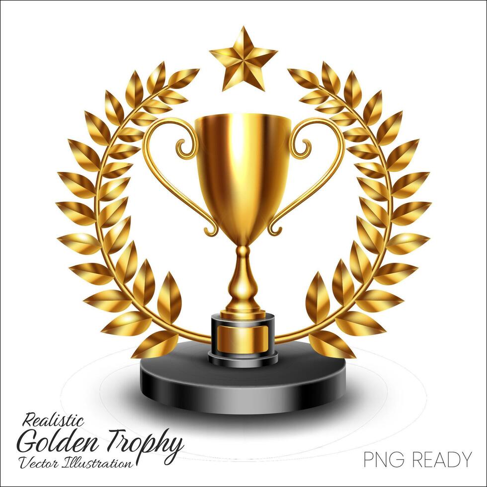 realistico brillante d'oro trofeo con oro alloro ghirlanda isolato su bianca sfondo, vettore illustrazione