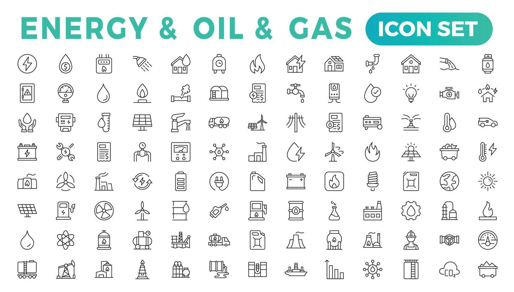energia e olio e gas - magro linea ragnatela icona impostare. schema icone collezione vettore