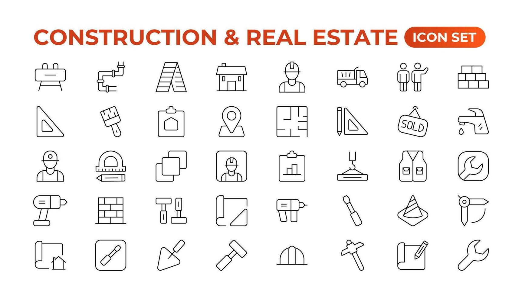 vero tenuta e costruzione linea icone impostare. vero tenuta schema icone collezione. Acquista e vendita di alloggi, costruttore, gru, noleggio di locali, assicurazione, realtà, misurare, attrezzo. magro linea icona. vettore