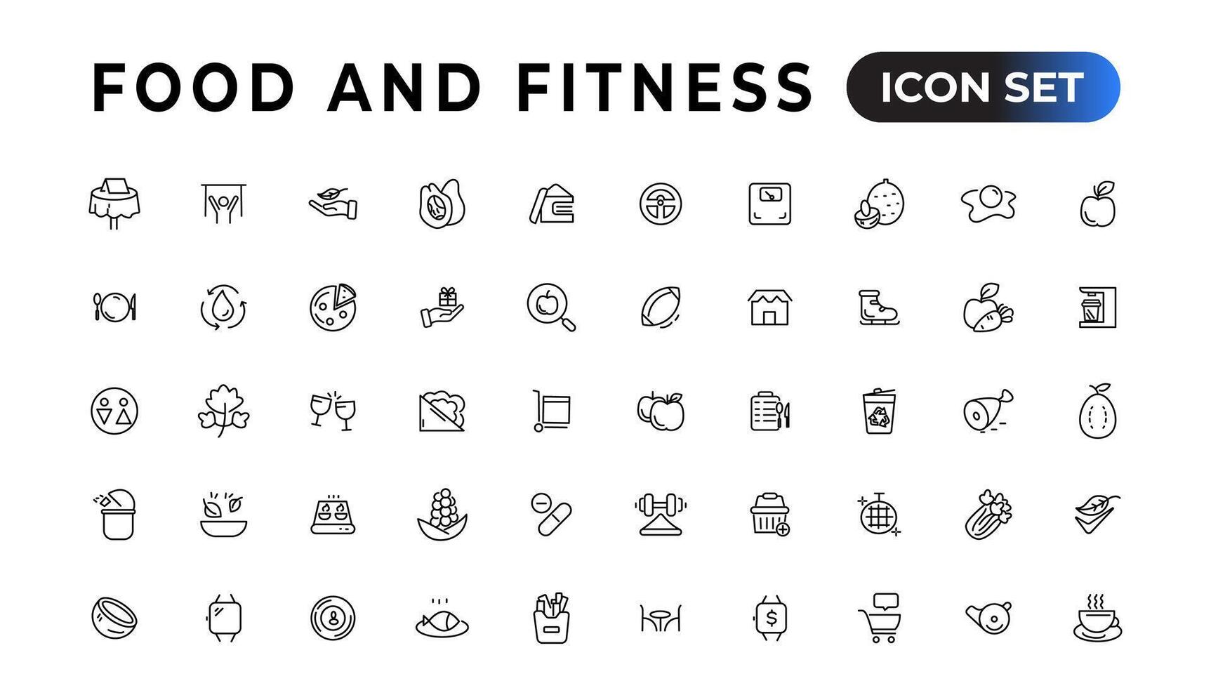 cibo e fitness lineare icone collezione.set di magro linea ragnatela icona impostare, semplice schema icone collezione, pixel Perfetto icone, semplice vettore illustrazione.