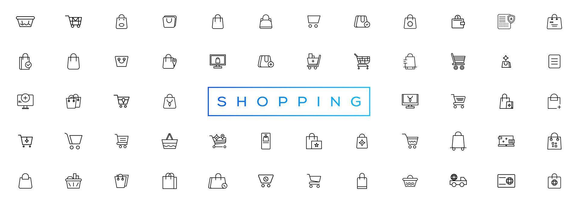 shopping e Al dettaglio linea icone impostare. e-commerce e Al dettaglio schema icone collezione. acquisti, i regali, negozio, negozio, consegna, marketing, negozio, i soldi, prezzo vettore