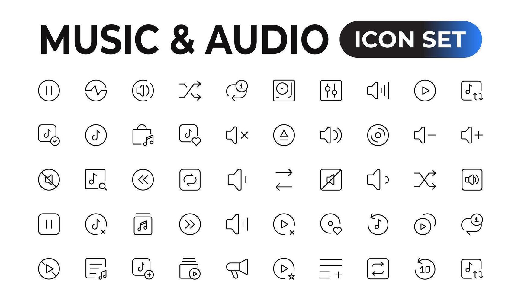 musica e Audio universale magro linea icone impostato su bianca sfondo, pixel Perfetto icone, semplice vettore illustrazione.