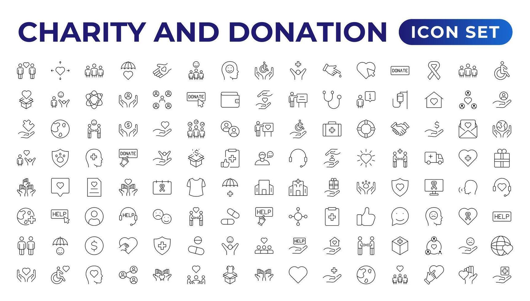 beneficenza e donazione icona impostare. beneficenza e donazione icona impostare, aiuto, volontario, donato assistenza, condivisione, e solidarietà simbolo. solido icone vettore collezione.