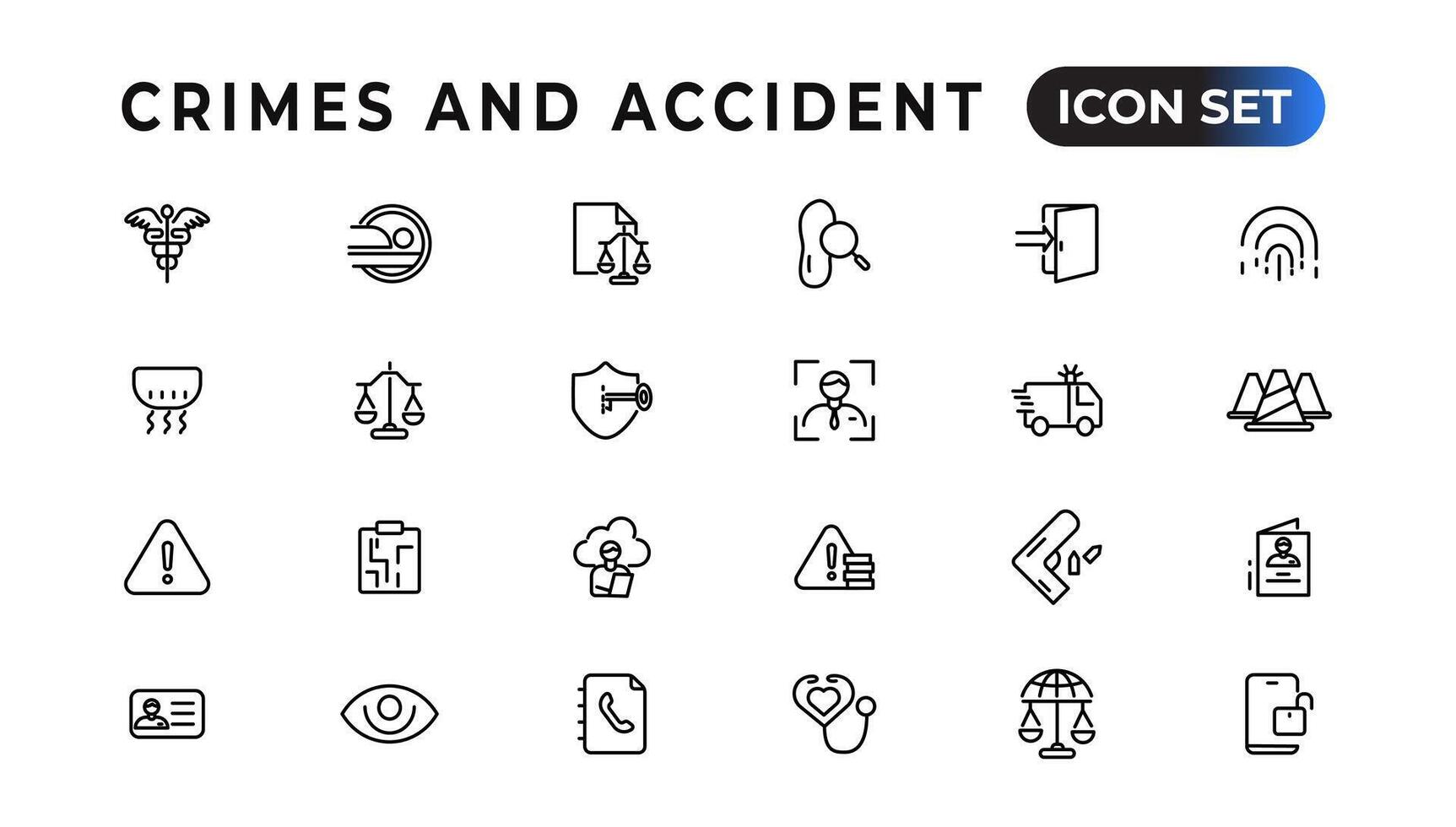 crimini e incidente lineare icone collezione.set di magro linea ragnatela icona impostare, semplice schema icone collezione, pixel Perfetto icone, semplice vettore illustrazione