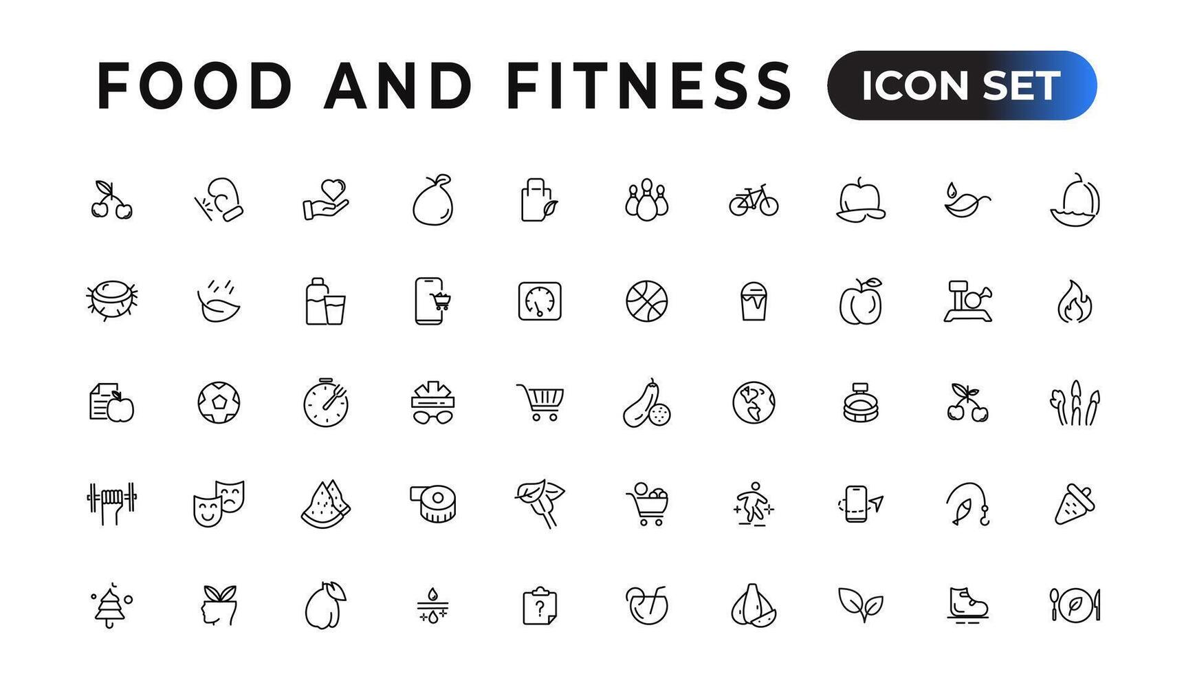 cibo e fitness lineare icone collezione.set di magro linea ragnatela icona impostare, semplice schema icone collezione, pixel Perfetto icone, semplice vettore illustrazione.