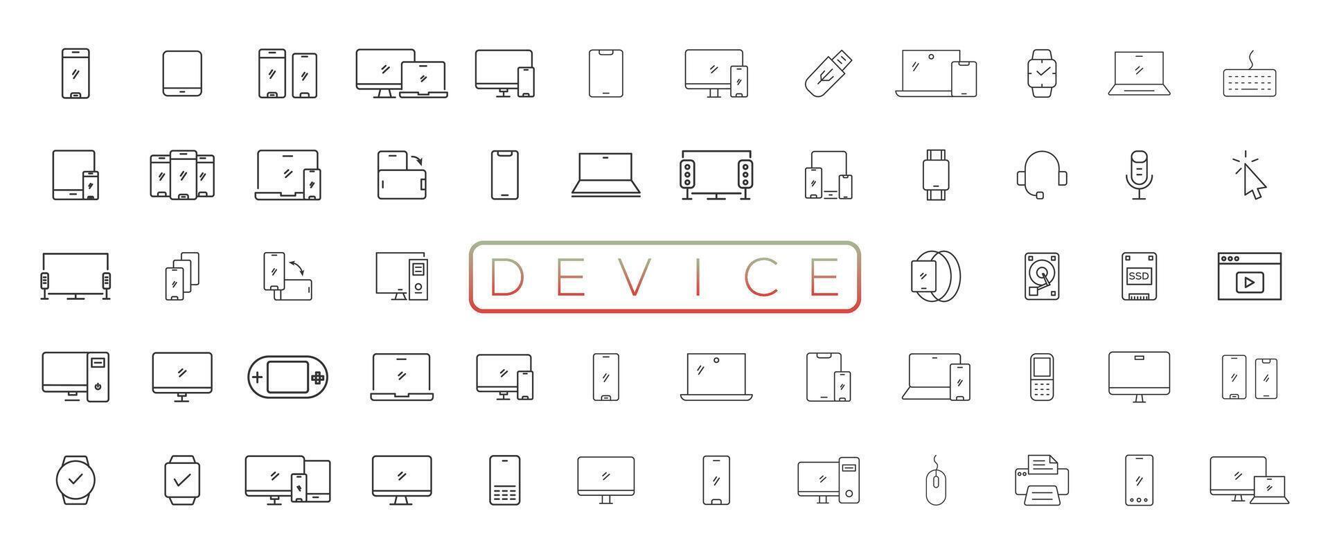 dispositivo e tecnologia linea icona impostare. elettronico dispositivi e gadget, computer, attrezzatura e elettronica. computer tenere sotto controllo, smartphone, tavoletta e il computer portatile sumbol collezione vettore