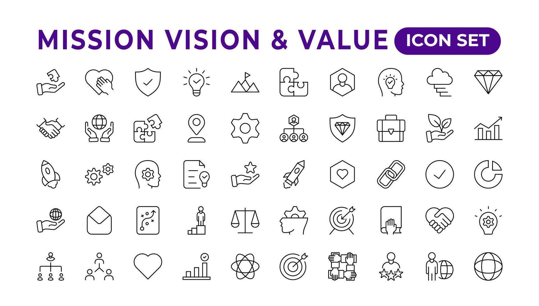 missione, visione e valore icona impostare. schema illustrazione di icone. nucleo valori linea icone. visione, sociale responsabilità, e risoluzione dei problemi. vettore