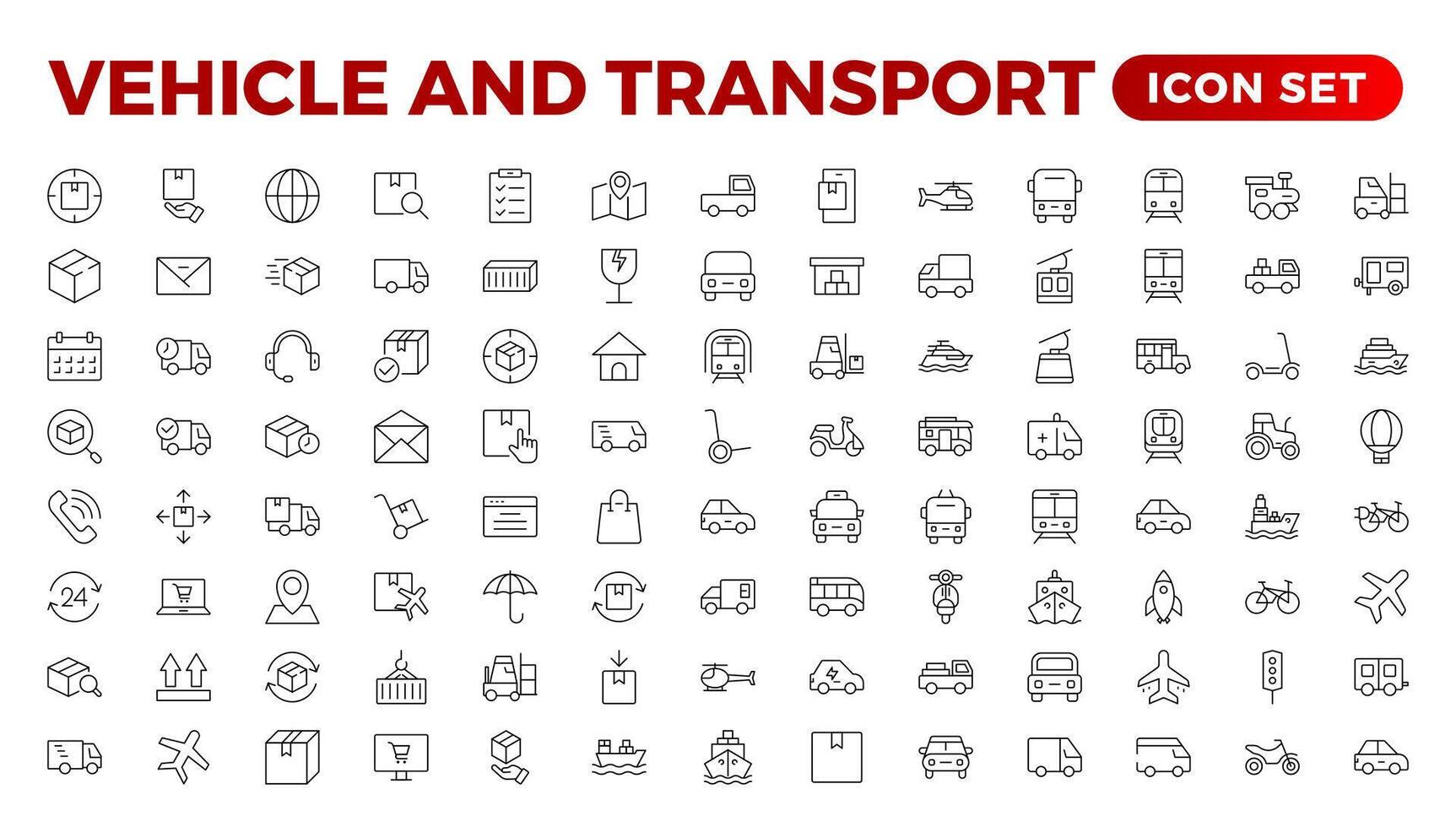 trasporto, veicolo, e consegna elementi - minimo linea sottile ragnatela icona impostare. schema icone collezione. auto, bicicletta, scooter, bulldozer, autobus, cavo, macchina, elicottero. vettore